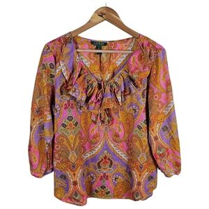 Lauren Ralph Lauren Paisley Ruffle Neck Blouse Womens Sz Large Cotton Casual